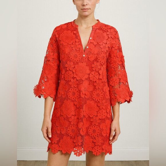 J. Marie The Seraphina Dress Coral Floral Lace Appliqué Crochet Sheer Overlay L - Picture 1 of 9